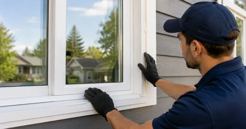 technician comparing full-frame and retrofit window replacement options in Riverview, St. Catharines