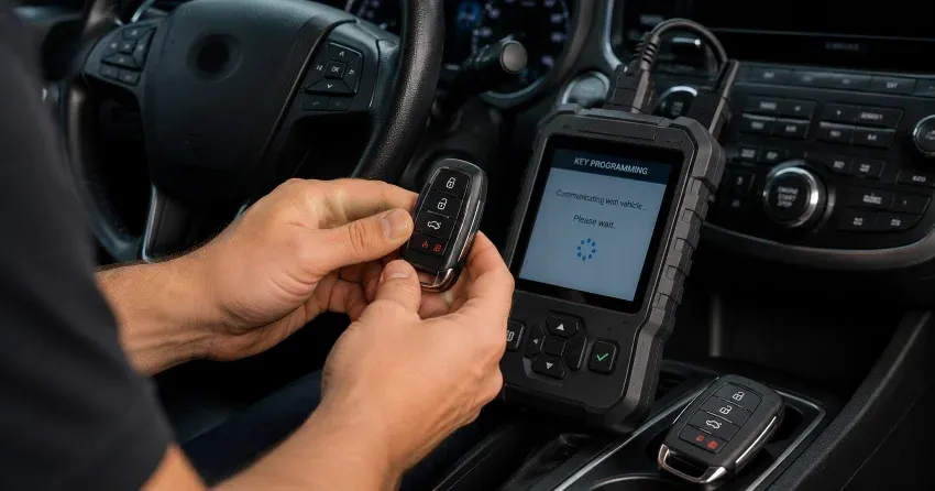 technician inspecting a worn car key before replacement in Fitzgerald, St. Catharines