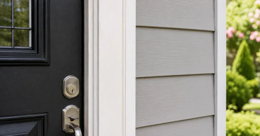 technician inspecting door jamb behind cracked casing in Fitzgerald, St. Catharines home