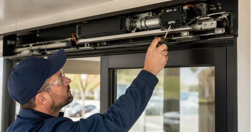 technician completing automatic door repair on residential property in Queenston, St. Catharines