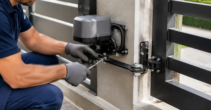 technician diagnosing automatic gate motor and control panel in Grantham, St. Catharines