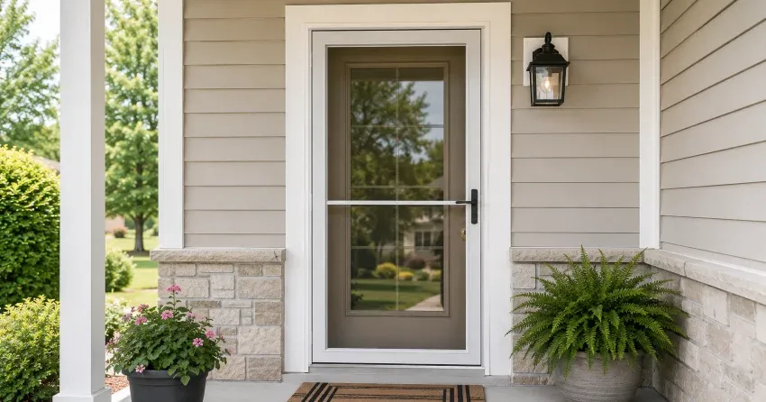 technician hanging storm door square and plumb in Grantham, St. Catharines