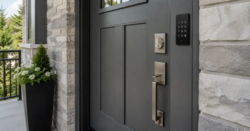 High-security door hardware and access control keypad installed on a residential entry door in Haig, St. Catharines