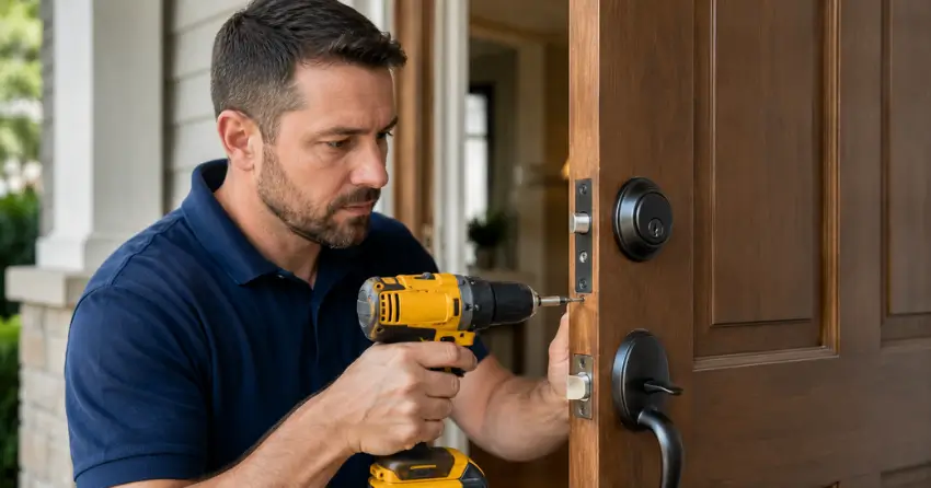 technician installing a new deadbolt during Change Door Lock Fairview, St. Catharines service