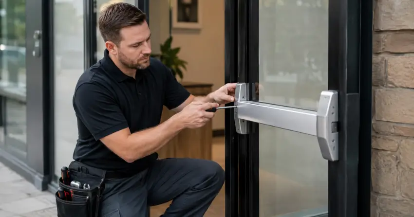 commercial locksmith repairing exit device on storefront door North End, St. Catharines