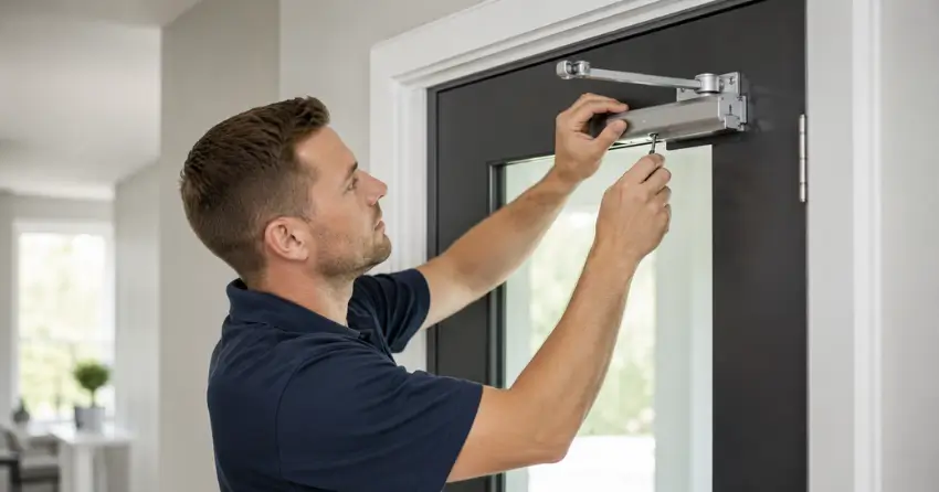 technician adjusting door closer hydraulic valve in Grantham, St. Catharines home