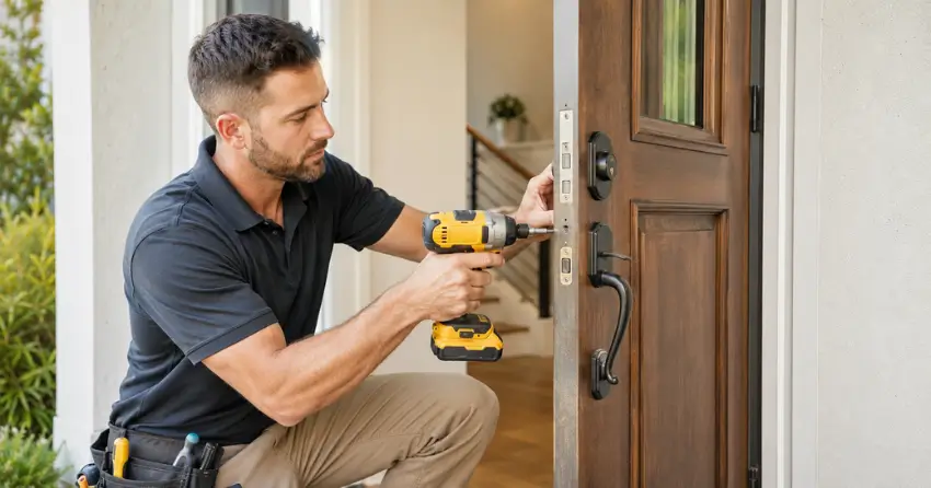 locksmith installing new deadbolt lock on front door in Fairview, St. Catharines