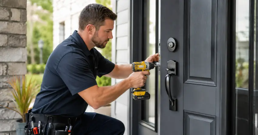 locksmith installing deadbolt lock on exterior door in St. Catharines