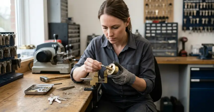 locksmith technician rekeying a deadbolt in Yates, St. Catharines