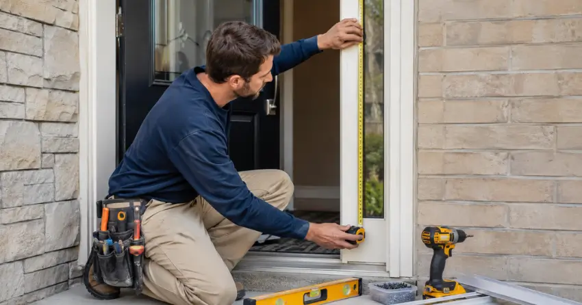technician measuring door frame before storm door install in St. Catharines