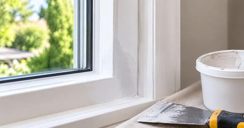 technician repairing rotted window frame corner in Martindale, St. Catharines