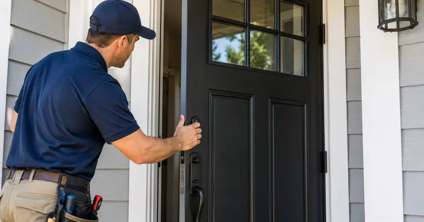 technician adjusting door hinge and strike plate in Grapeview, St. Catharines home