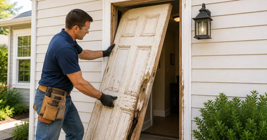 warped exterior door frame showing weather damage in Merritton, St. Catharines