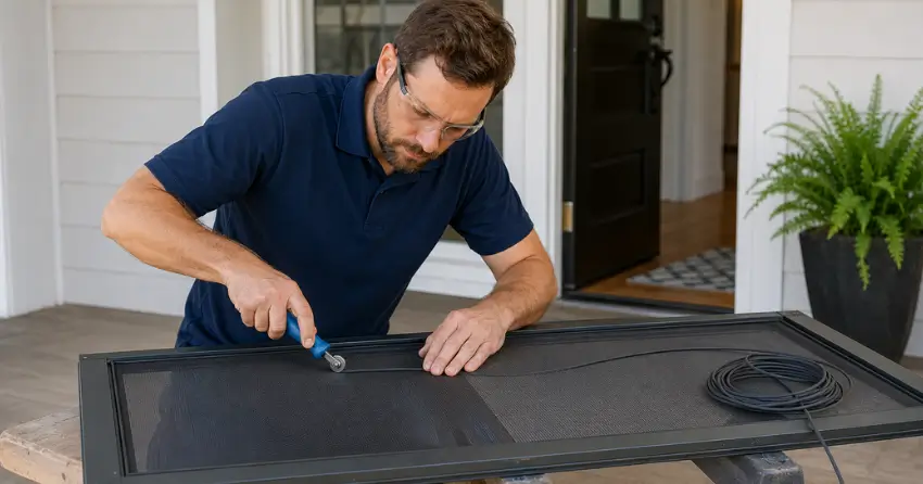technician replacing screen door mesh and spline in Fitzgerald, St. Catharines